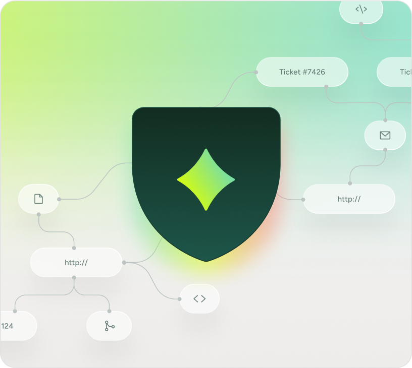 Central shield icon with connected elements highlighting ITSM security workflows on a modern SysAid gradient background. - SysAid
